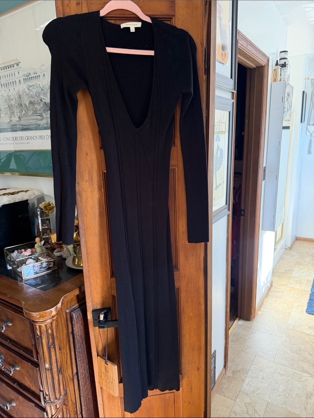 Favorite Daughter Black Ribbed V-Neck Long Sleeve Maxi Dress